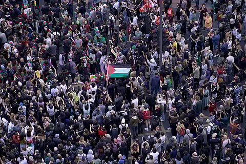 General view of people gathering to protest in Walthamstow, London
